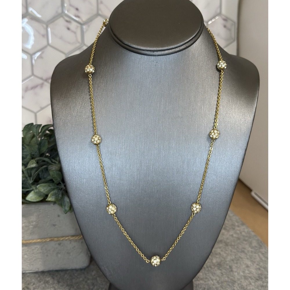 Vintage Nolan Miller 24" Goldtone White Crystal Rhinestone Ball Necklace Chain